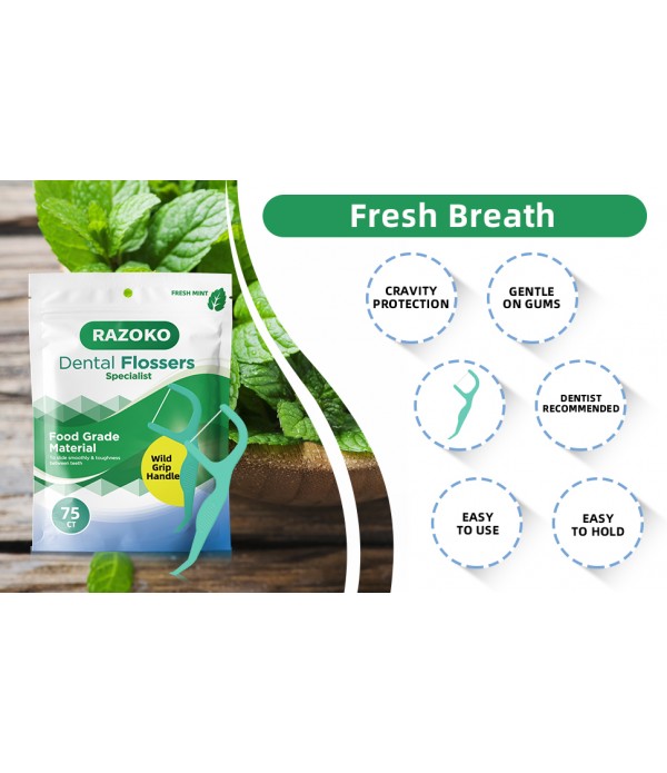 RAZOKO Dental Floss Picks | Toothpick, Shred-Resistant Floss, Easy Grip Handle, Fresh Mint Flavor, 75 Count (Pack of 3)