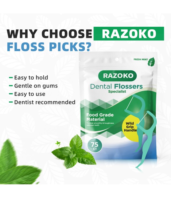 RAZOKO Dental Floss Picks | Toothpick, Shred-Resistant Floss, Easy Grip Handle, Fresh Mint Flavor, 75 Count (Pack of 3)